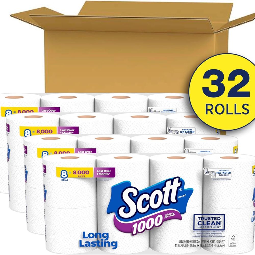 Scott 1000 Trusted Clean Toilet Paper, 32 Rolls, Septic-Safe, 1-Ply Toilet Tissue - Image 6