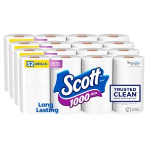 Scott 1000 Trusted Clean Toilet Paper, 32 Rolls, Septic-Safe, 1-Ply Toilet Tissue