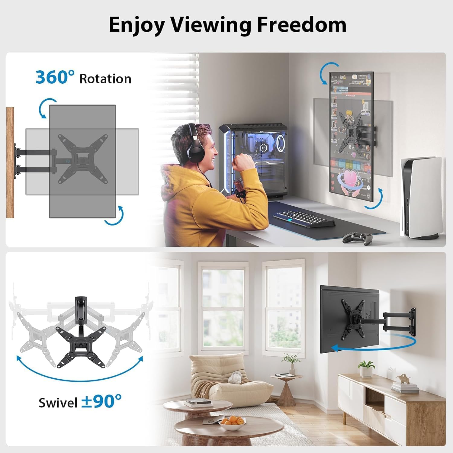 Pipishell Full Motion TV Wall Mount for Echo Show 21/15 and 13-43 Inch Flat Curved Screen TVs & Monitors - Image 3