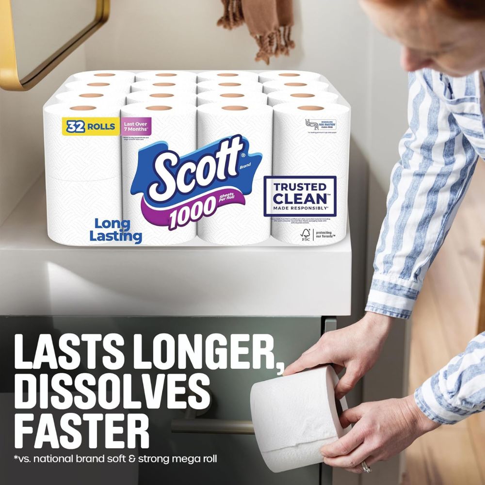 Scott 1000 Trusted Clean Toilet Paper, 32 Rolls, Septic-Safe, 1-Ply Toilet Tissue - Image 7