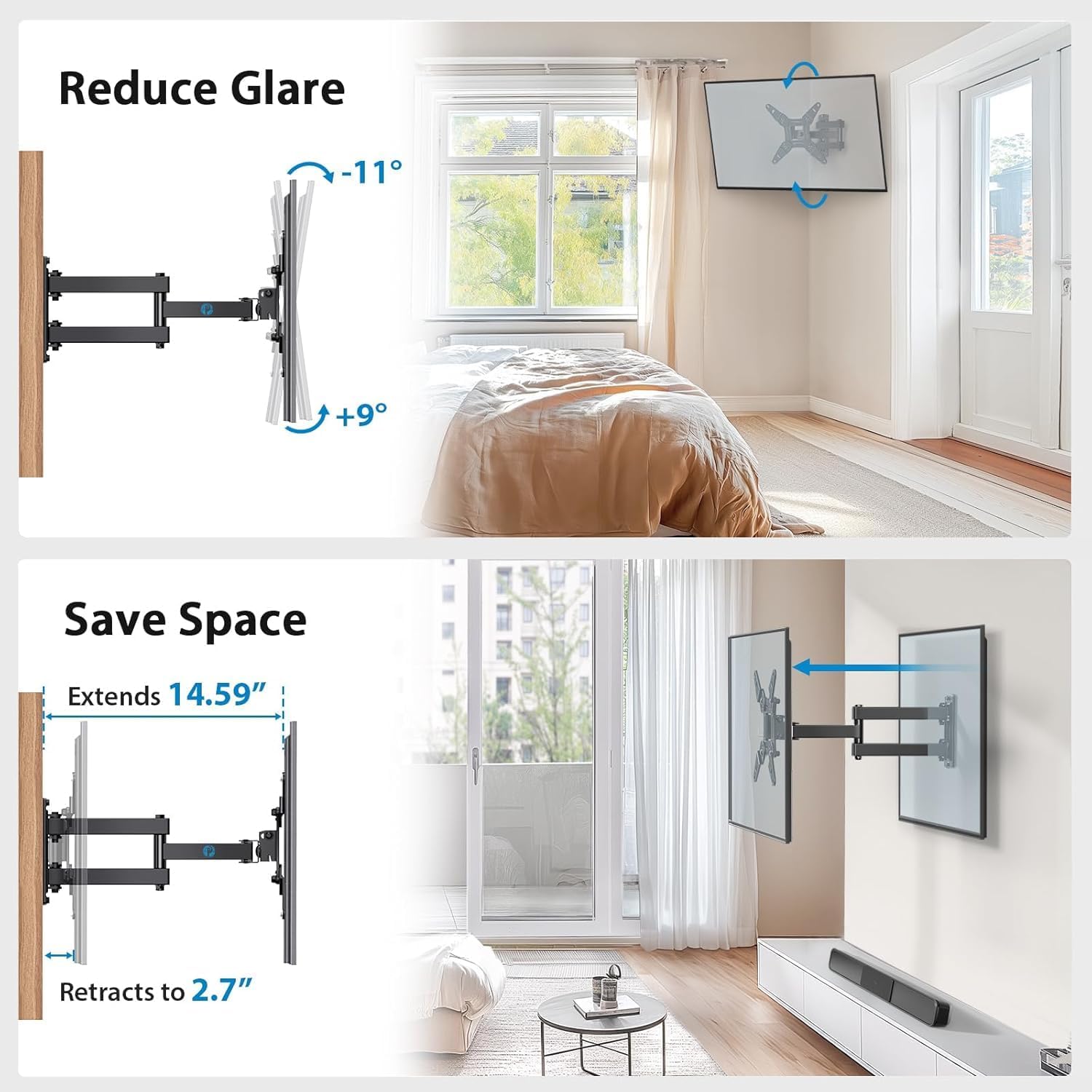 Pipishell Full Motion TV Wall Mount for Echo Show 21/15 and 13-43 Inch Flat Curved Screen TVs & Monitors - Image 6