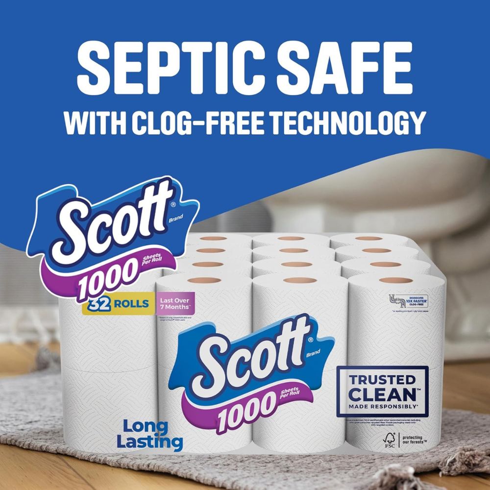 Scott 1000 Trusted Clean Toilet Paper, 32 Rolls, Septic-Safe, 1-Ply Toilet Tissue - Image 5