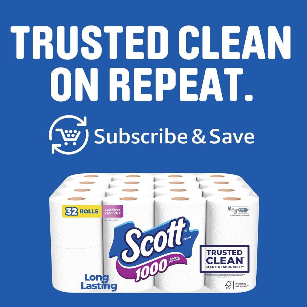 Scott 1000 Trusted Clean Toilet Paper, 32 Rolls, Septic-Safe, 1-Ply Toilet Tissue - Image 3